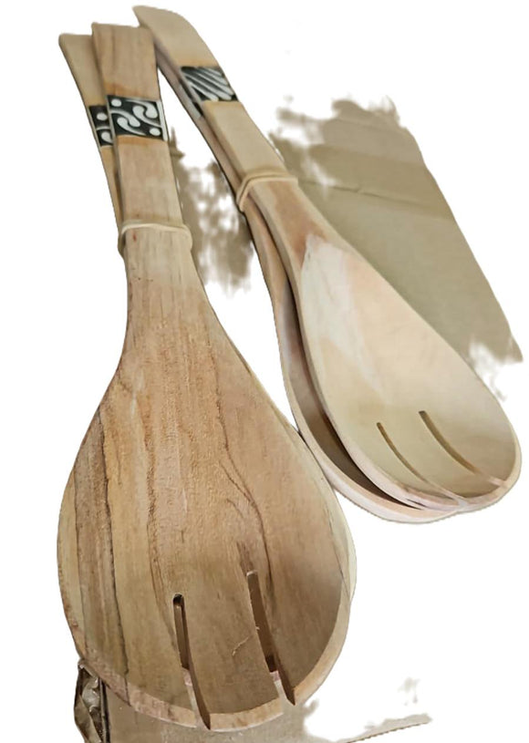 Wooden Salad Utensils with Bone Decor